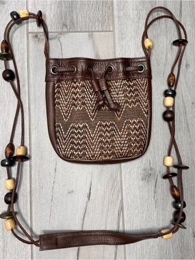 Saks Fifth Avenue Italian Leather Woven Beaded Boho Artisan Bucket Crossbody Bag